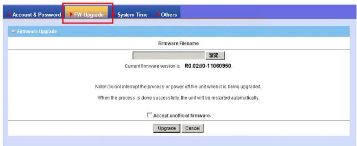 Account & Password FW Upgrade System Time Others Firmware Upgrade Firmware Filename Current firmware version is R0.02d0-11060950. Note! Do not interrupt the process or power off the unit when it is being upgraded. When the process is done successfully, the unit will be restarted automatically. Accep…