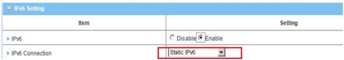 IPv6 Setting Item Setting IPv6 C Disable Enable IPv6 Connection Static IPv6