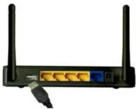 Front view of a black wireless router with two antennas and three ports (no visible text or labels)
