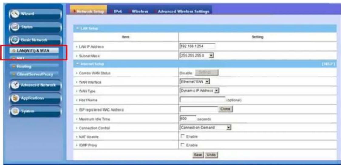 Wizard Status Basic Network LAN(WiFi) & WAN NAT Routing Close Server/Proxy Advanced Network Applications System Network Setup Item Setting • LAN IP Address 192.168.1254 • Subnet Mask 255.255.255.0 • Internet Setup [HELP] • Combo WAN Status Disable Settings • WAN Interface Ethernet VAN • WAN Type Dyn…