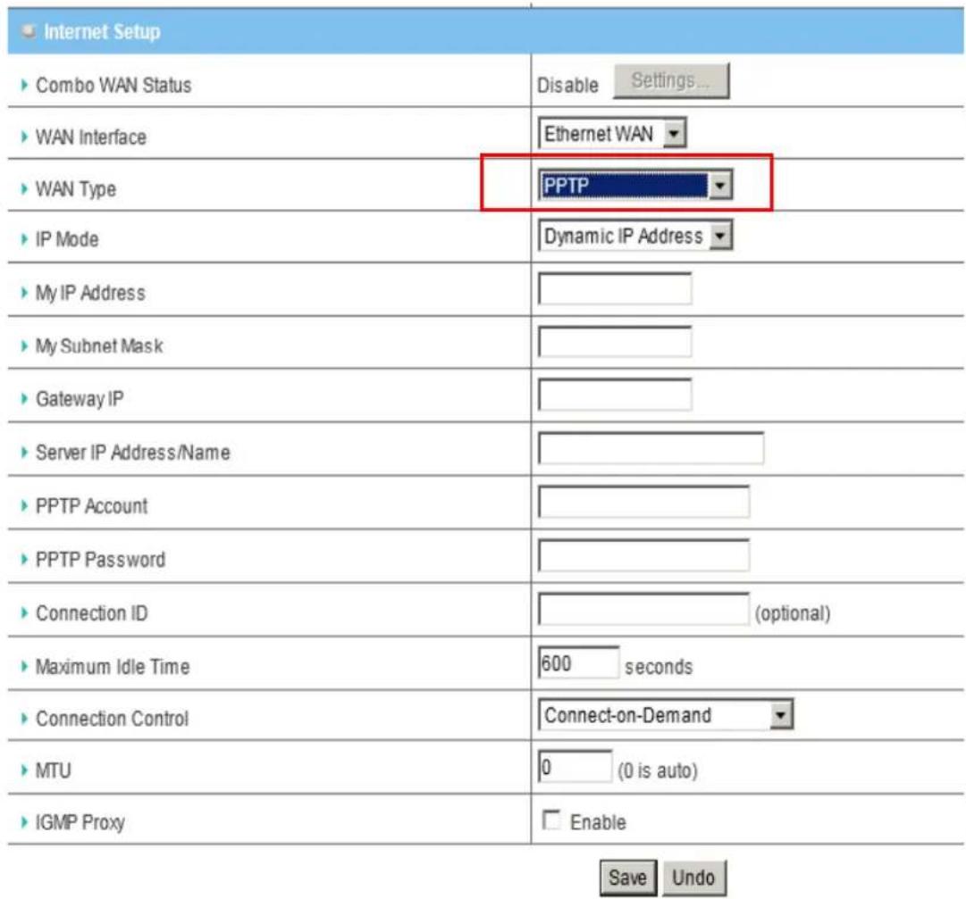 Internet Setup ► Combo WAN Status ► WAN Interface ► WAN Type ► IP Mode ► My IP Address ► My Subnet Mask ► Gateway IP ► Server IP Address/Name ► PPTP Account ► PPTP Password ► Connection ID ► Maximum Idle Time ► Connection Control ► MTU ► IGMP Proxy Disable Settings... Ethernet WAN PPTP Dynamic IP Ad…