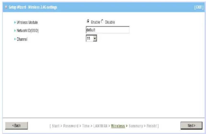 Setup Wizard - Wireless 2AG settings [EXIT] ► Wireless Module ► Network ID(SS/D) ► Channel Enable ○ Disable default 11 < Back [ Start > Password > Time > LAN/WAN > Wireless > Summary > Finish! ] Next>