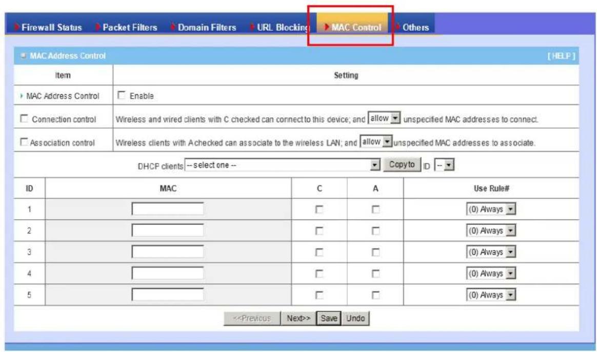 Firewall Status > Packet Filters > Domain Filters > URL Blocking > MAC Control > Others MAC Address Control [ HELP ] Item Setting MAC Address Control Enable Connection control Wireless and wired clients with C checked can connect to this device; and allow ▼ unspecified MAC addresses to connect. Asso…