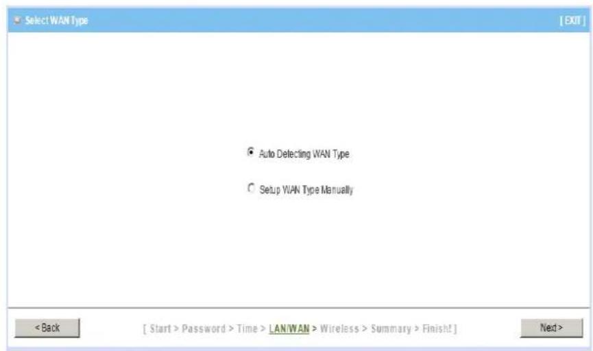 Select WAN Type Auto Detecting WAN Type Setup WAN Type Manually < Back [ Start > Password > Time > LAN/WAN > Wireless > Summary > Finish! ] Next >