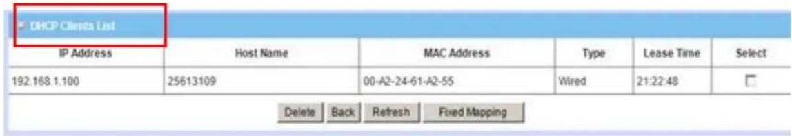 DHCP Clients List IP Address Host Name MAC Address Type Lease Time Select 192.168.1.100 25613109 00-A2-24-61-A2-55 Wired 21:22:48 □ Delete Back Refresh Fixed Mapping