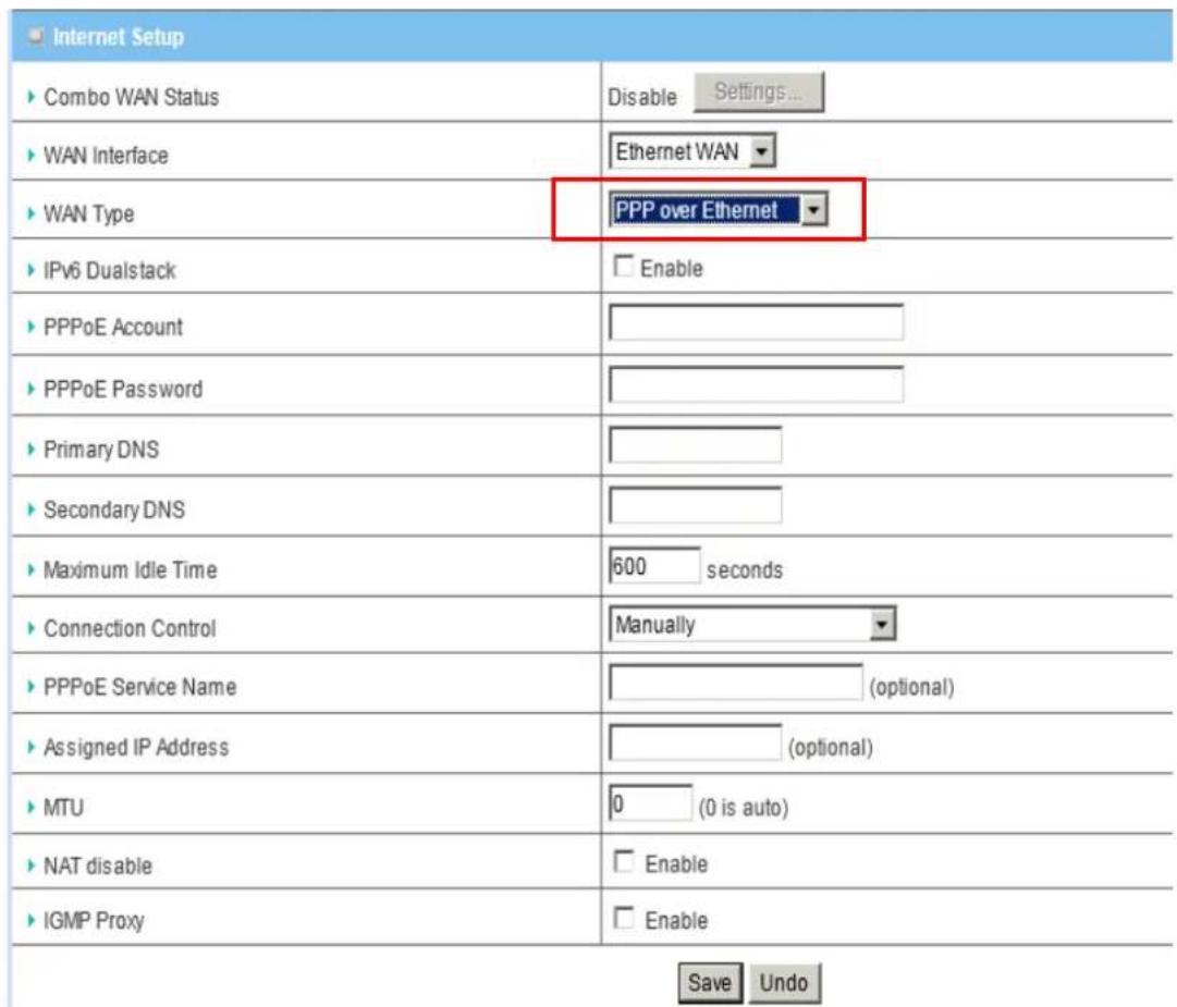 Internet Setup ► Combo WAN Status Disable Settings... ► WAN Interface Ethernet WAN ► WAN Type PPP over Ethernet ► IPv6 Dualstack Enable ► PPPoE Account ► PPPoE Password ► Primary DNS ► Secondary DNS ► Maximum Idle Time 600 seconds ► Connection Control Manually ► PPPoE Service Name (optional) ► Assig…