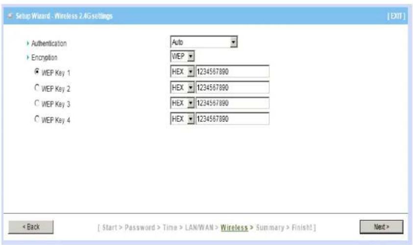 Setup Wizard - Wireless 2.4G settings [EXIT] Authentication Encryption WEP WEP Key 1 WEP Key 2 WEP Key 3 WEP Key 4 Auto WEP HEX 1234567890 HEX 1234567890 HEX 1234567890 HEX 1234567890 < Back [ Start > Password > Time > LAN/WAN > Wireless > Summary > Finish! ] Next >