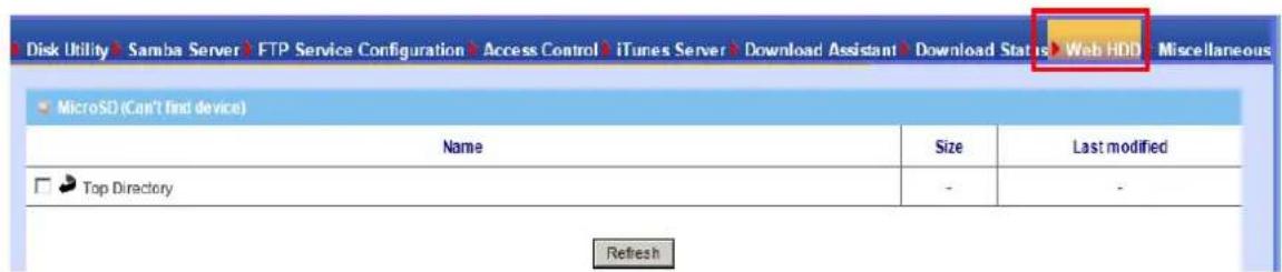 Disk Utility Samba Server FTP Service Configuration Access Control iTunes Server Download Assistant Download Status Web HDD Miscellaneous MicroSD (Can't find device) Name Size Last modified Top Directory - - Refresh