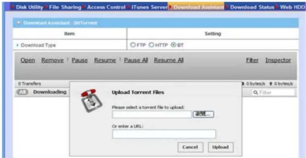 Disk Utility File Sharing Access Control iTunes Server Download Assistant Download Status Web HDD Download Assistant - BitTorrent Item Setting Download Type FTP HTTP BT Open Remove Pause Resume Pause AI Resume AI Filter Inspector 0 Transfers 0 bytes/s 0 bytes/s Downloading Q Filter Upload Torrent Fi…