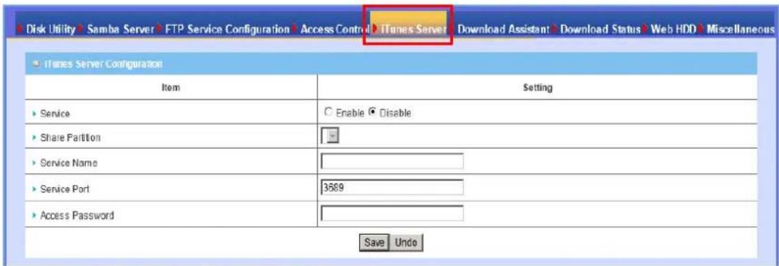 Disk Utility Samba Server FTP Service Configuration Access Control iTunes Server Download Assistant Download Status Web HDD Miscellaneous iTunes Server Configuration Item Setting Service Enable Disable Share Partition Service Name Service Port 3589 Access Password Save Undo