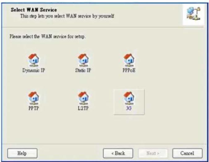 Select WAN Service This step lets you select WAN service by yourself Please select the WAN service for setup. Dynamic IP Static IP PPPoE PP TP L2TP 3G Help < Back Next > Cancel