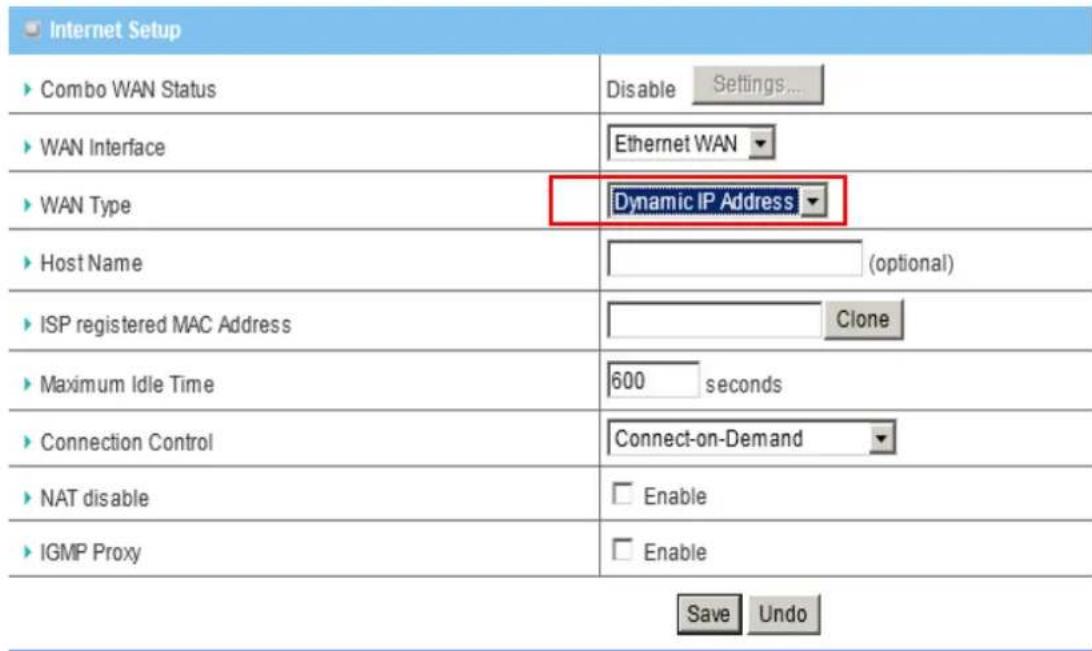 Internet Setup ► Combo WAN Status Disable Settings... ► WAN Interface Ethernet WAN ► WAN Type Dynamic IP Address ► Host Name (optional) ► ISP registered MAC Address Clone ► Maximum Idle Time 600 seconds ► Connection Control Connect-on-Demand ► NAT disable Enable ► IGMP Proxy Enable Save Undo