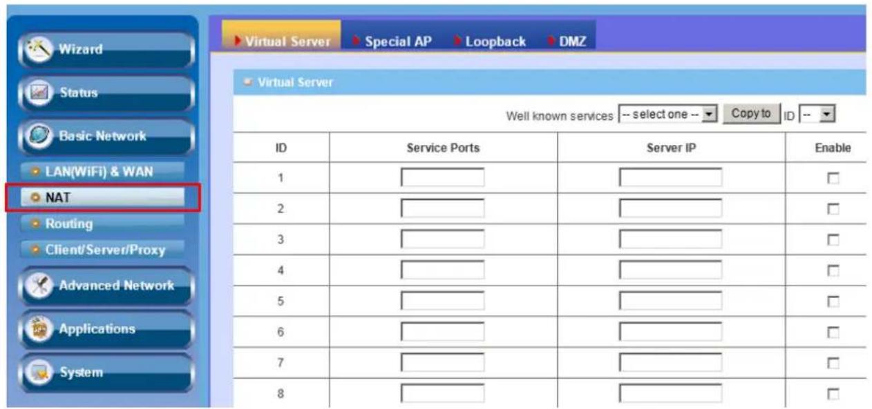 Virtual Server Special AP Loopback DMZ Virtual Server Well known services -- select one -- Copy to ID -- ID Service Ports Server IP Enable 1 2 3 4 5 6 7 8 Advanced Network Applications System