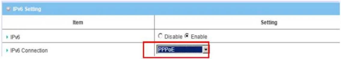 IPv6 Setting Item Setting IPv6 C Disable Enable IPv6 Connection PPPoE