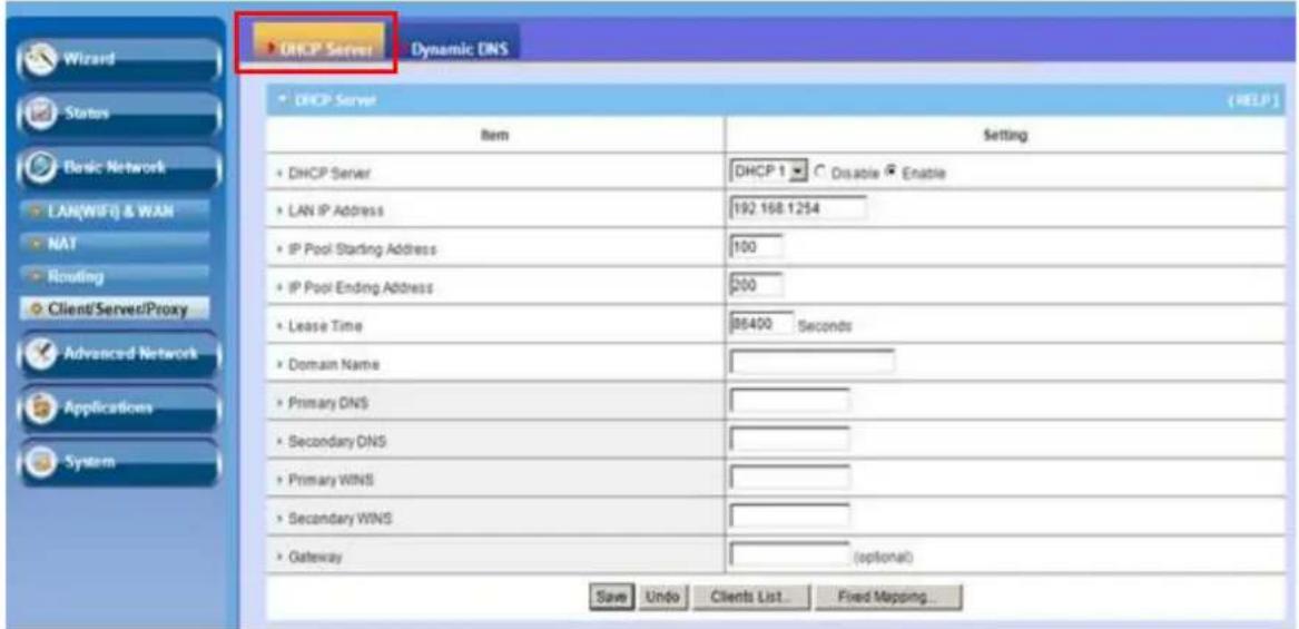 Wizard Status Basic Network LAN(WIFI) & WAN NAT Routing Client/Serves/Proxy Advanced Network Applications System DHCP Server Dynamic DNS DHCP Server Item Setting DHCP Server DHCP 1 Disable Enable LAN IP Address 192.168.1254 IP Pool Starting Address 100 IP Pool Ending Address 200 Lease Time 86400 Sec…