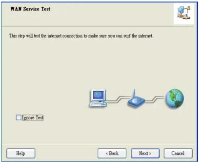 WAN Service Test This step will test the internet connection to make sure you can surf the internet. Ignore Test Help < Back Next > Cancel