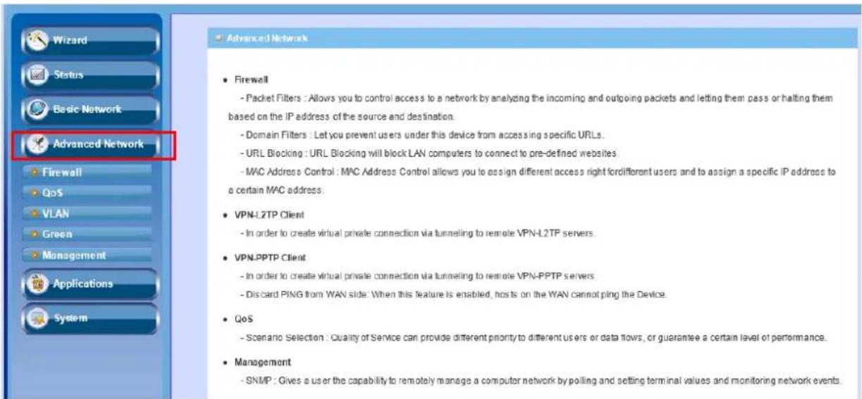 Wizard Status Basic Network Advanced Network Firewall QoS VLAN Green Management Applications System Advanced Network Firewall Packet Filters : Allows you to control access to a network by analyzing the incoming and outgoing packets and letting them pass or halting them based on the IP address of the…