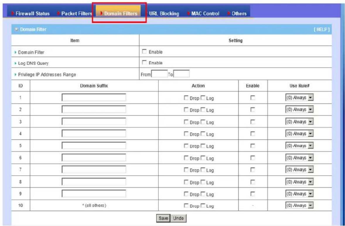 Firewall Status > Packet Filters > Domain Filters URL Blocking > MAC Control > Others Domain Filter Item Setting Domain Filter Enable Log DNS Query Enable Privilege IP Addresses Range From To ID Domain Suffix Action Enable Use Rule# 1 ________ Drop Log □ (0) Always 2 ________ Drop Log □ (0) Always 3…