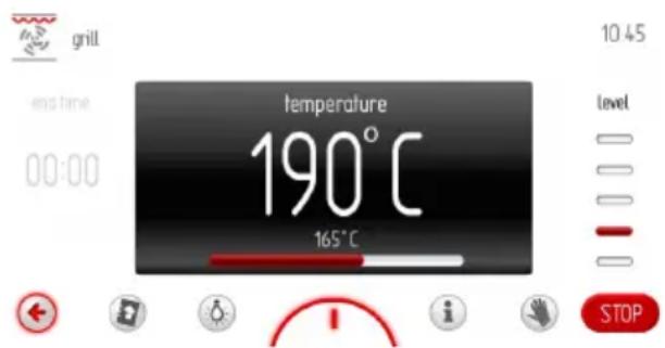 grill end time 00:00 temperature 190°C 165°C 10.45 level STOP