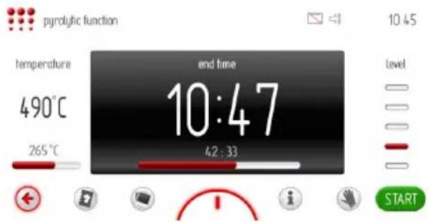 pyrolytic function 10 45 temperature end time 490°C 10:47 265°C 42 : 33 level START