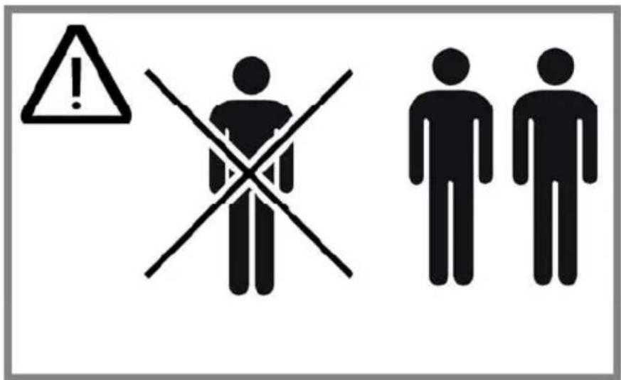 Warning sign with exclamation mark, crossed cross symbol, and two human figures