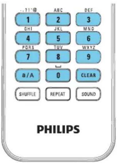 ..?1*8 ABC DEF 1 2 3 GHI JKL MNO 4 5 6 PQRS TUV WXYZ 7 8 9 a/A 0 CLEAR SHUFFLE REPEAT SOUND PHILIPS