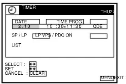 TIMER THU2: DATE TIME PROG. 2.10 10:00:11:30 CDE SP / LP LP VPS / PDC ON LIST SELECT : + SET : + CANCEL : CLEAR MENU EXIT :