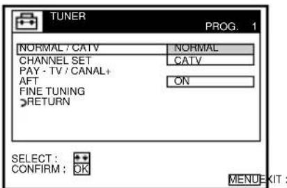 TUNER PROG. 1 NORMAL / CATV CHANNEL SET PAY - TV / CANAL+ AFT FINE TUNING RETURN NORMAL CATV ON SELECT : CONFIRM : OK MENU KIT :