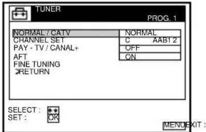 TUNER PROG. 1 NORMAL / CATV NORMAL CHANNEL SET C AAB12 PAY - TV / CANAL+ AFT OFF FINE TUNING ON RETURN SELECT: OK SET: MENUEXIT: