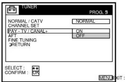 TUNER PROG. 3 NORMAL / CATV CHANNEL SET PAY - TV / CANAL+ AFT FINE TUNING RETURN SELECT : CONFIRM : OK NORMAL ON OFF MENU EXIT :