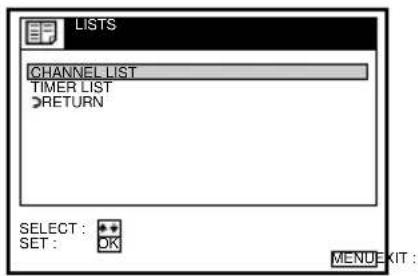 LISTS CHANNEL LIST TIMER LIST RETURN SELECT : SET : OK MENU KIT :