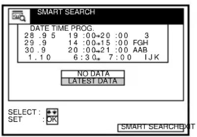 SMART SEARCH DATE TIME PROG. 28 .9 5 19 :00+20 :00 3 29 .9 14 :00+15 :00 FGH 30 .9 20 :00+21 :00 AAB 1.1 0 6:3 0* 7:00 IJK NO DATA LATEST DATA SELECT : SET : OK SMART SEARCHEXT