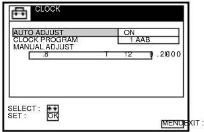 CLOCK AUTO ADJUST ON CLOCK PROGRAM 1 AAB MANUAL ADJUST .8 1 12 9..2000 SELECT: OK SET: OK MENU EXIT: