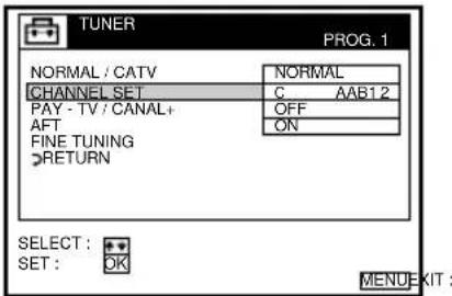 TUNER PROG. 1 NORMAL / CATV NORMAL CHANNEL SET C AAB12 PAY - TV / CANAL+ AFT OFF FINE TUNING ON RETURN SELECT: OK SET: MENU XIT: