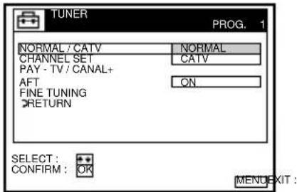 TUNER PROG. 1 NORMAL / CATV CHANNEL SET PAY - TV / CANAL+ AFT FINE TUNING RETURN SELECT : CONFIRM : OK NORMAL CATV ON MENU EXIT :