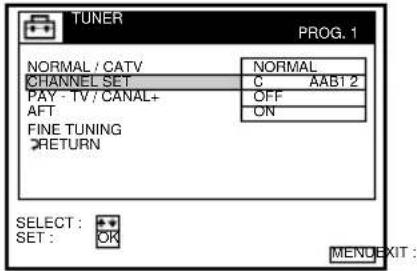 TUNER PROG. 1 NORMAL / CATV NORMAL CHANNEL SET C AAB12 PAY - TV / CANAL+ AFT OFF FINE TUNING RETURN ON SELECT: SET: OK MENU EXIT: