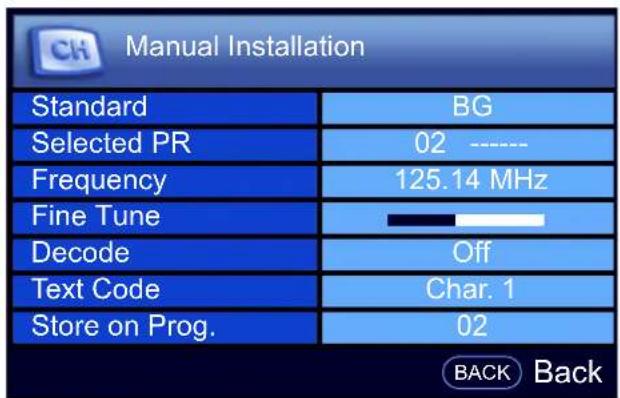 Manual Installation Standard BG Selected PR 02 ---- Frequency 125.14 MHz Fine Tune Decode Off Text Code Char. 1 Store on Prog. 02 BACK Back