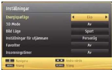 Inställningar Energisparläge 3D Mode Bild Läge Inställningar för utjämnare Favoriter Insomningstimer Navigera Stäng Eko Av Sport Personlig Av Andra värde Stäng