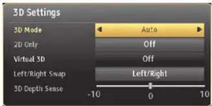 3D Settings 3D Mode Auto 2D Only Off Virtual 3D Off Left/Right Swap Left/Right 3D Depth Sense -10 0 10