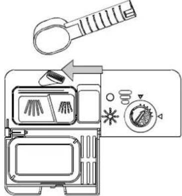 Diagram of a washing machine control panel with labeled buttons and icons for cleaning or inspection