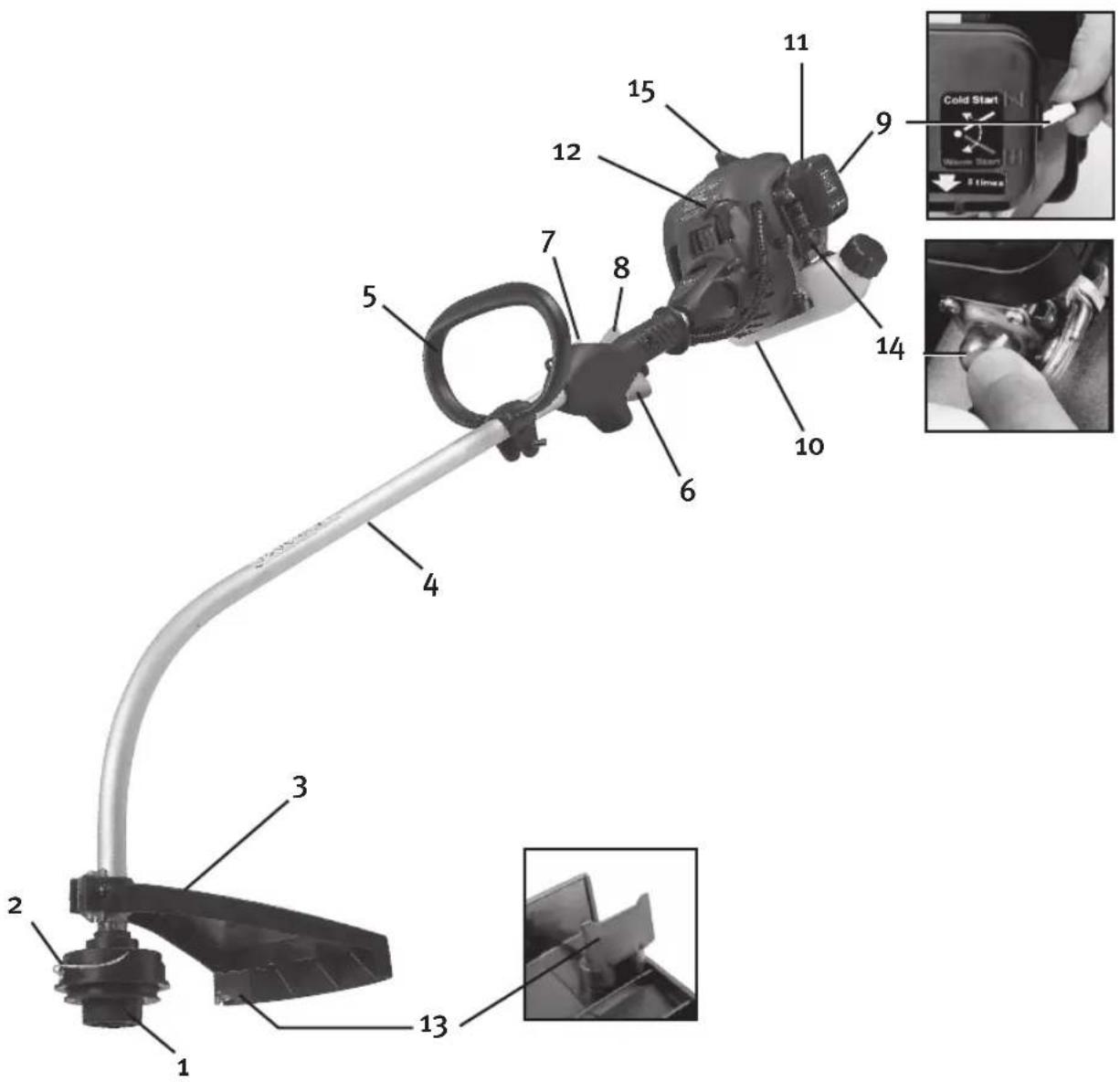 Labeled diagram of a fuel pump assembly with numbered parts and inset photos showing mechanical components like a 'Cold Start' device.