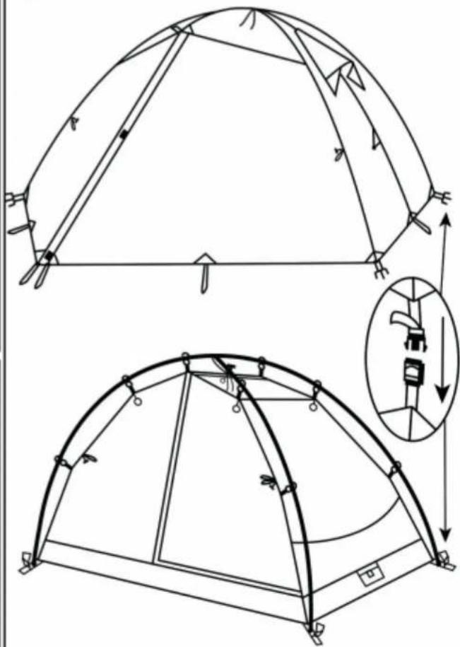 Technical diagram showing two types of camping tents with labeled components and directional arrows indicating movement or installation.