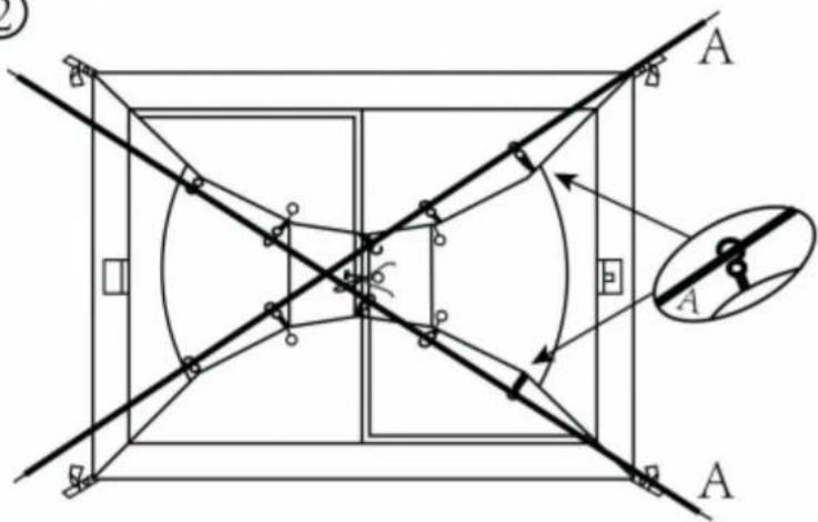 Technical diagram showing geometric construction with labeled points A and a magnified inset of a circular feature, likely from an engineering or physics context.