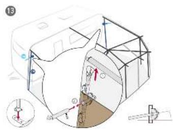 Technical diagram showing a mechanical assembly with labeled components and directional arrows, including a magnified inset of a tool.