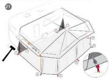Technical diagram of a 3D vehicle interior with numbered components and an inset showing a folded umbrella component.