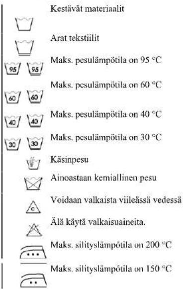 Kestävät materiaalit Arat tekstiilit Maks. pesulämpötila on 95 °C Maks. pcsulämpötila on 60 °C Maks. pesulämpötila on 40 °C Maks. pcsulämpötila on 30 °C Käsinpesu Ainoastaan kemiallinen pesu Voidaan valkaista viileässä vedessä Älä käytä valkaisuaineita. Maks. silityslämpötila on 200 °C Maks. silityslämpötila on 150 °C