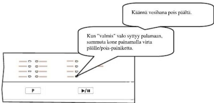 Käännä vesihana pois päältä. Kun "valmis"-valo syttyy palamaan, sammuta kone painamalla virta päälle/pois-painiketta.