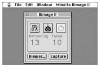 File Edit Window Minolta Dimage U Dimage U Remaining Taken 13 10 Viewer... Capture