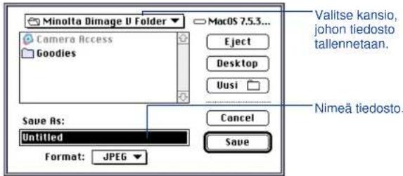 Minolta Dimage U Folder Camera Access Goodies MacOS 7.5.3... Eject Desktop Uusi Save As: Untitled Format: JPEG Valitse kansio, johon tiedosto tallennetaan. Cancel Save Nimeä tiedosto.