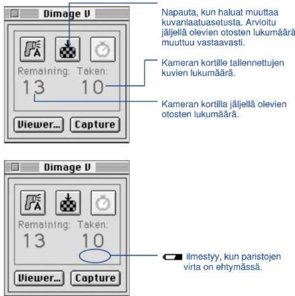 Dimage U Remaining: Taken: 13 10 Viewer... Capture Napauta, kun haluat muuttaa kuvanlaatuasetusta. Arvioitu jäljellä olevien otosten lukumäärä muuttuu vastaavasti. Kameran kortille tallennettujen kuvien lukumäärä. Kameran kortilla jäljellä olevien otosten lukumäärä. Dimage U Remaining: Taken: 13 10 Viewer... Capture ilmestyy, kun paristojen virta on ehtymässä.